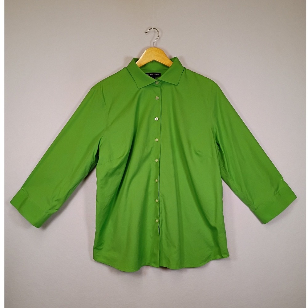Professional Lands End Womens 14 Green 3/4 Sleeve Stretch Button Down Shirt